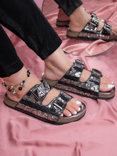 A pair of Balck/Silver Hand Embroided sliders